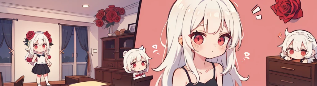 ((((1girl:1.5)))), white hair, red eyes, long hair, (collarbone:1.4), (2d, chibi, cute, cute, small , big eyes), ((((rose)))), skin color white, think about something, background/(in the room ,modern girl&#39;s room, bed, Soft mood lighting)