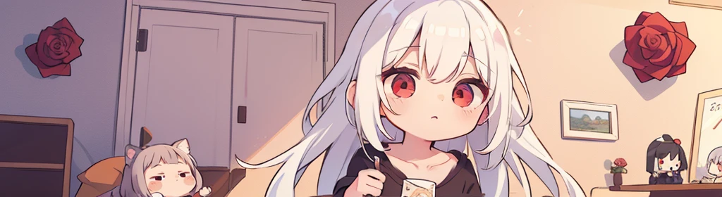 ((((1girl:1.5)))), white hair, red eyes, long hair, (collarbone:1.4), (2d, chibi, cute, cute, small , big eyes), ((((rose)))), skin color white, think about something, background/(in the room ,modern girl's room, bed, Soft mood lighting)