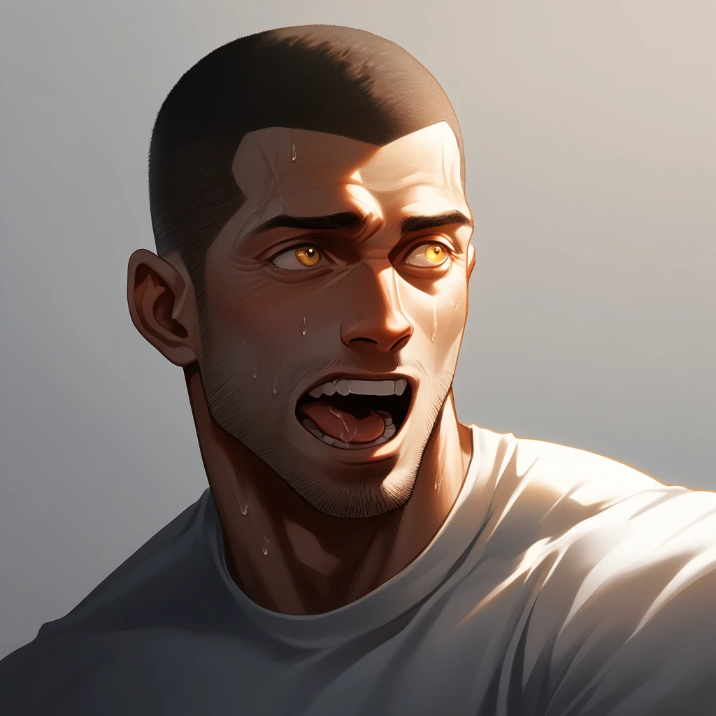 1muscular sportsman, Athlete, male focus, Buzz Cut, Mike White tight T-shirt, One, Very tight, muscular male, muscular, only, Upper body, alone, look to the side, short hair, stubble, sweat, black hair, Yellow eyes, open lips, White background, simple background, amazing quality, best aesthetics, Ridiculous, crew cut, moaning, saliva trail, chiaroscuro, cinematic lighting, best quality, textured skin