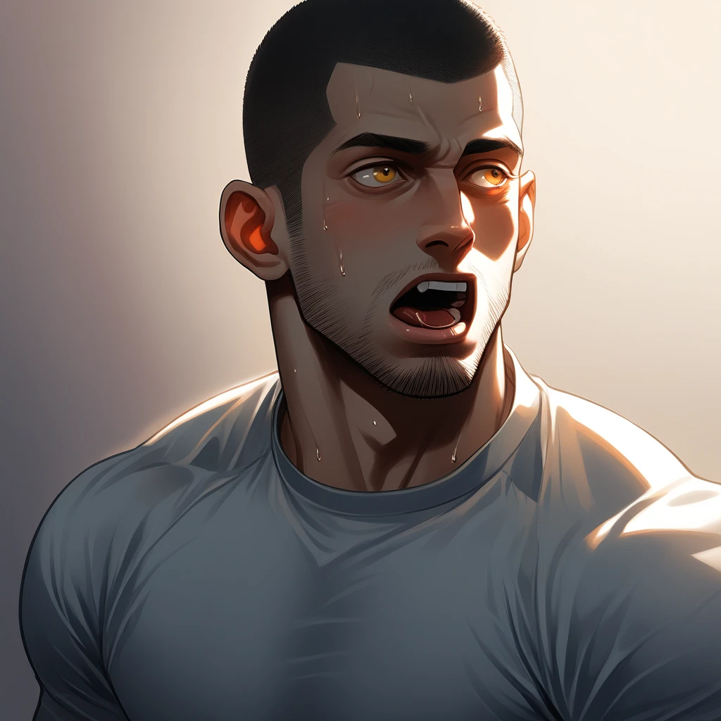 1muscular sportsman, Athlete, male focus, Buzz Cut, Mike White tight T-shirt, One, Very tight, muscular male, muscular, only, Upper body, alone, look to the side, short hair, stubble, sweat, black hair, Yellow eyes, open lips, White background, simple background, amazing quality, best aesthetics, Ridiculous, crew cut, moaning, saliva trail, chiaroscuro, cinematic lighting, best quality, textured skin