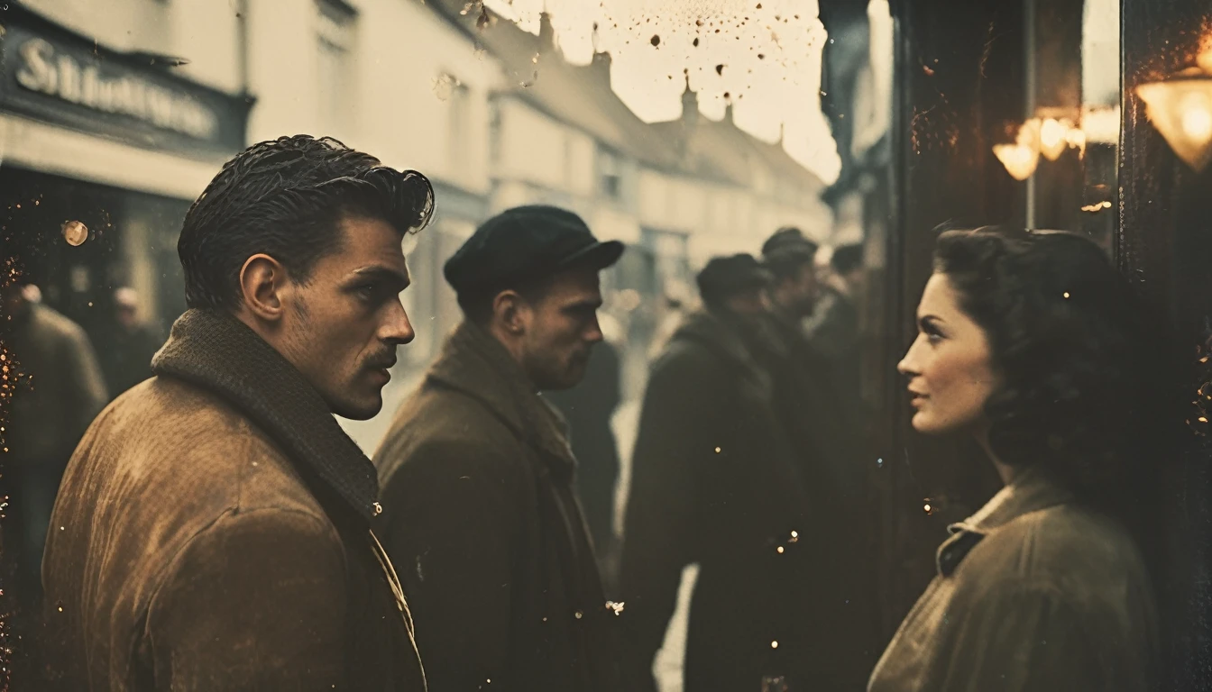 35mm vintage street photo of a handsome men talking to viewer with beer in hand, a beautiful lady holding a knife up behind the pub, bokeh, professional