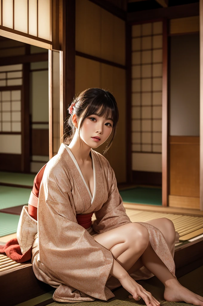 A poster depicting a woman in an open-legged pose in a tatami room, capturing the seductive essence of Showa-era Japanese Roman Porno. The woman has an alluring gaze, with the background featuring details of an old Japanese house. The interplay of lighting and color adds a glossy, erotic ambiance to the entire poster. Created Using: retro Japanese elements, soft focus, vintage texture, warm lighting, glossy appearance --ar 5:7 --v 6.0
--no kimono