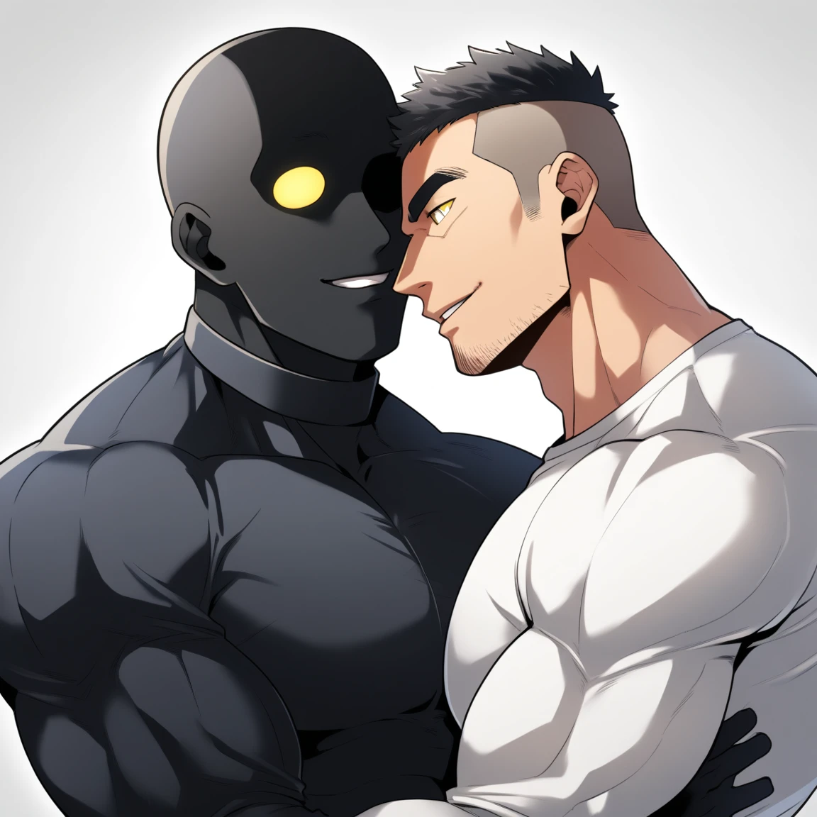 anime characters：Two superheroes in tights, Muscle Sports Student and Muscle No Face skinhead superhero, No Face，negro black skin, They hugged and kissed each other, Bite your neck, Caress, Manliness, male focus, Yellow and black high collar long sleeve tight T-shirt, Slightly transparent material, Very tight, Round, full and perky chest muscles, Muscle waist, Slightly transparent, muscular male, muscular, only, Upper body, alone, Black short hair, Thick eyebrows, stubble, Yellow eyes, Grey background, simple background, amazing quality, best aesthetics, Ridiculous, bright pupils, crew cut, parted lips, seductive smile, torogao, naughty face, drop shadow, best quality