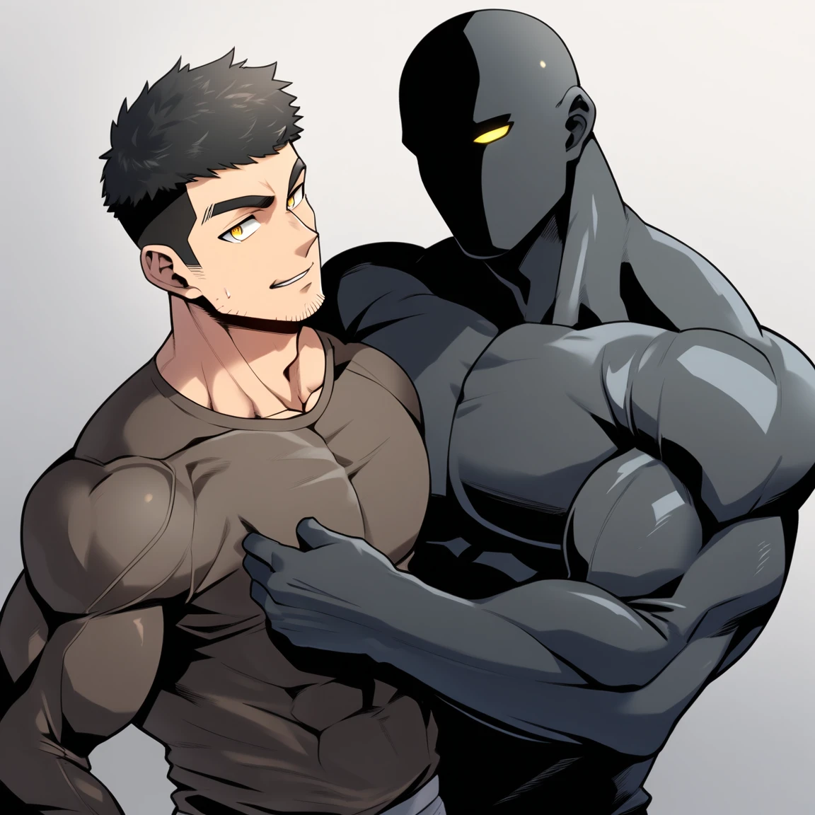 anime characters:Two superheroes in tights, Muscle Sports Student and Muscle No Face skinhead superhero, No Face,negro black skin, They hugged and kissed each other, Bite your neck, Caress, Manliness, male focus, Yellow and black high collar long sleeve tight T-shirt, Slightly transparent material, Very tight, Round, full and perky chest muscles, Muscle waist, Slightly transparent, muscular male, muscular, only, Upper body, alone, Black short hair, Thick eyebrows, stubble, Yellow eyes, Grey background, simple background, amazing quality, best aesthetics, Ridiculous, bright pupils, crew cut, parted lips, seductive smile, torogao, naughty face, drop shadow, best quality