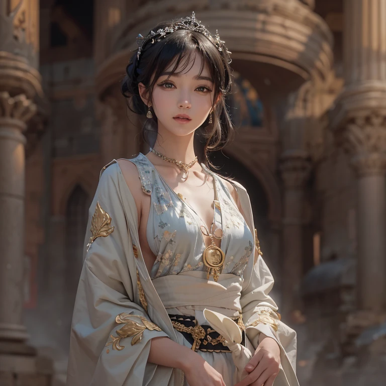 Hiding in the desert、Hair Flow、 ((Highest quality、masterpiece、8k、Best image quality、Ultra-high resolution、Award-winning works)、(Accurate anatomy:1.1)、(Look at me and smile:1.1)、Shining fair skin with Ultra-high resolution、The most detailed face、Ultra-high resolution detailed face、Ultra-high resolutionの髪の毛、(Ultra-high resolutionの煌めく瞳:1.1)、Beautiful face drawn in every detail、(Blurred Background:1.1)、Ancient Islamic clothing, Chest to chest, tattoo, Old ruins in the background、