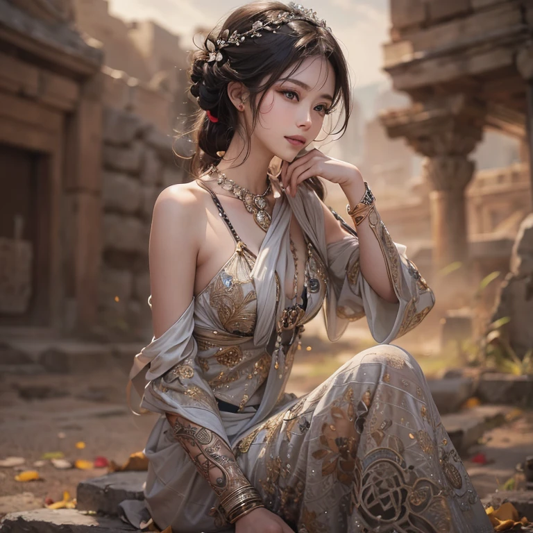 Hiding in the desert、Hair Flow、 ((Highest quality、masterpiece、8K、Best image quality、Ultra-high resolution、Award-winning works)、(Accurate anatomy:1.1)、(Look at me and smile:1.1)、Shining fair skin with Ultra-high resolution、The most detailed face、Ultra-high resolution detailed face、Ultra-high resolutionの髪の毛、(Ultra-high resolutionの煌めく瞳:1.1)、Beautiful face drawn in every detail、(Blurred Background:1.1)、Ancient Islamic clothing, Chest to chest, tattoo, Old ruins in the background、Black Authentic Dress Up Elegant Armpit
