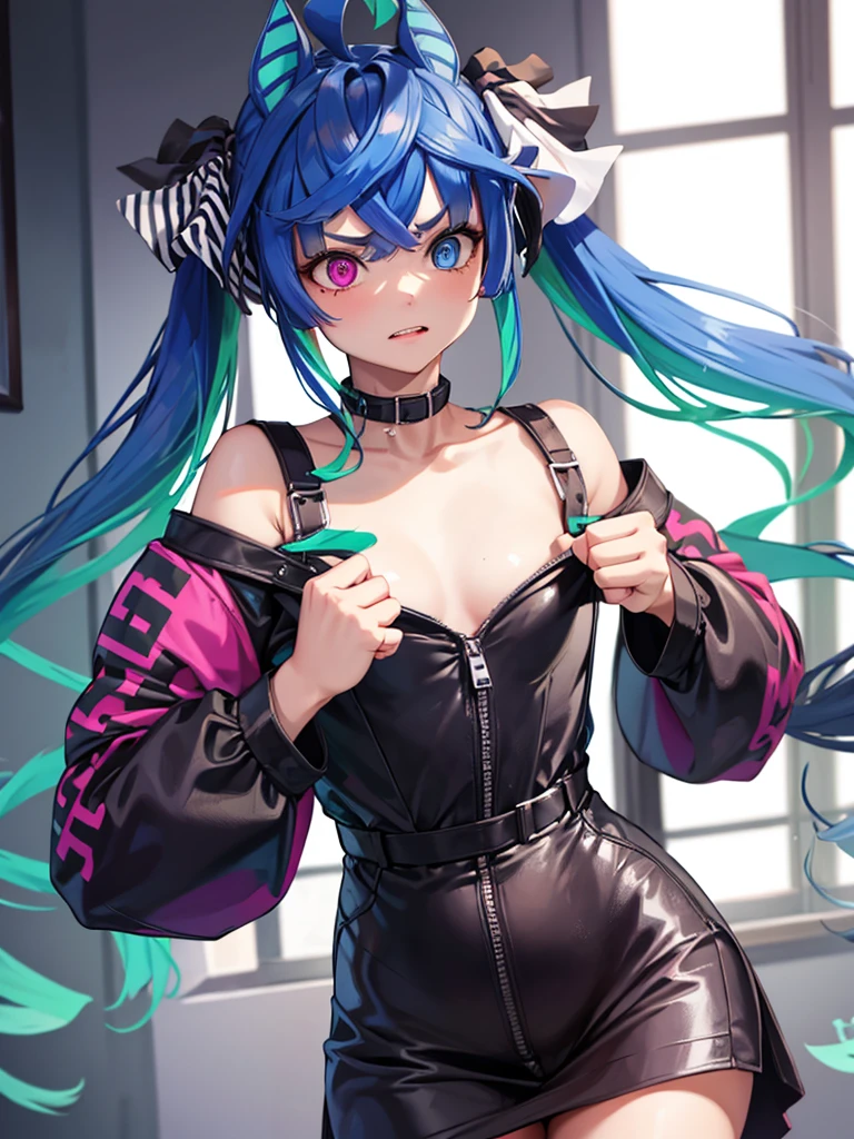 (​masterpiece、top-quality、hight resolution)、Depict a woman who has just been recognized by a familiar man as a call girl. She stands in front of him, her expression a mix of pleading and resignation. She says, "You might have questions, but please, don't ask anything. Right now, treat me as just a call girl. Thank you for choosing me. My name is [Insert Alias]." Her attire is that of a call girl, and the dimly lit room emphasizes her emotional state. The focus should be on her, with her emotions and body language conveying her request to be treated as a professional in this moment. Twin_Turbo_Umamusume, aqua hair, twintails, heterochromia, purple eyes, blue eyes, sharp teeth, ((flat chest)), hores tails, nsfw