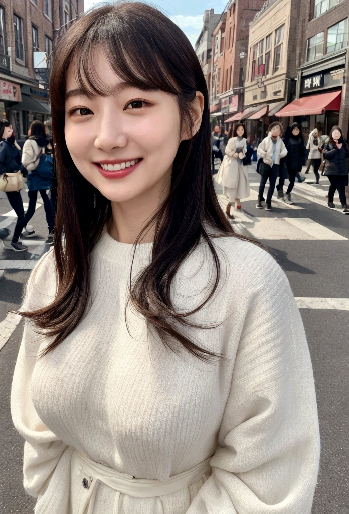1people、Delicate skin quality、日本people、((Highest quality, 4K, Masterpiece: 1.3)), Beautiful style: 1.4, Long hair, White knit, Large Breasts, Big Breasts, Sweaty, Place your arms on your hips, smile, Highly detailed face and skin texture, Bangs, double eyelid、The whole body is visible、White teeth、bustling street