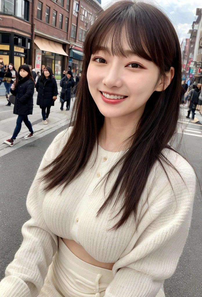 １people、Delicate skin quality、日本people、((Highest quality, 4K, Masterpiece: 1.3)), Beautiful style: 1.4, Long hair, White knit, Large Breasts, Big Breasts, Sweaty, Place your arms on your hips, smile, Highly detailed face and skin texture, Bangs, double eyelid、The whole body is visible、White teeth、bustling street