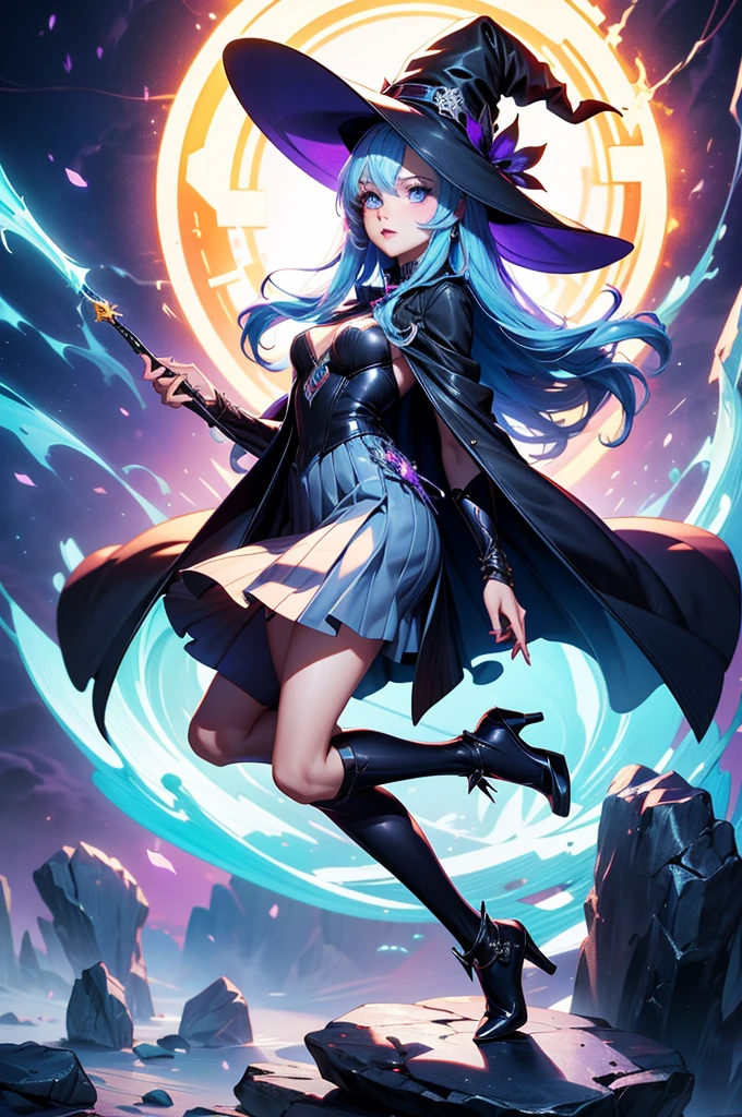In the middle of so the storm on the stone field stand beatiful witch, she have a beautiful face with blue eyes shining purple lipstick and purple eye shadows, she have long blue hair with purple highlights, she dressed in black long coat short skirt high heels shoes and witch hat on her head , there is lighnings all around her, (ultra high quality fantasy art, anime fantasy style, masterpiece, ultra high quality character design, 8k quality anime art, realistic anime art, top quality wallpaper illustration, detailed ultra high quality accurate face, high quality design and accurate physic)