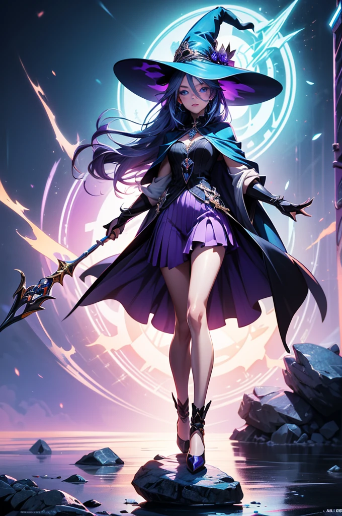 In the middle of so the storm on the stone field stand beatiful witch, she have a beautiful face with blue eyes shining purple lipstick and purple eye shadows, she have long blue hair with purple highlights, she dressed in black long coat short skirt high heels shoes and witch hat on her head , there is lighnings all around her, (ultra high quality fantasy art, anime fantasy style, masterpiece, ultra high quality character design, 8k quality anime art, realistic anime art, top quality wallpaper illustration, detailed ultra high quality accurate face, high quality design and accurate physic)