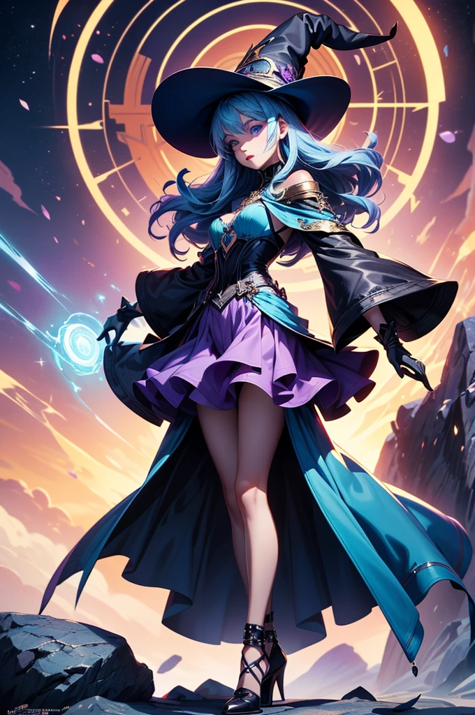 In the middle of so the storm on the stone field stand beatiful witch, she have a beautiful face with blue eyes shining purple lipstick and purple eye shadows, she have long blue hair with purple highlights, she dressed in black long coat short skirt high heels shoes and witch hat on her head , there is lighnings all around her, (ultra high quality fantasy art, anime fantasy style, masterpiece, ultra high quality character design, 8k quality anime art, realistic anime art, top quality wallpaper illustration, detailed ultra high quality accurate face, high quality design and accurate physic)