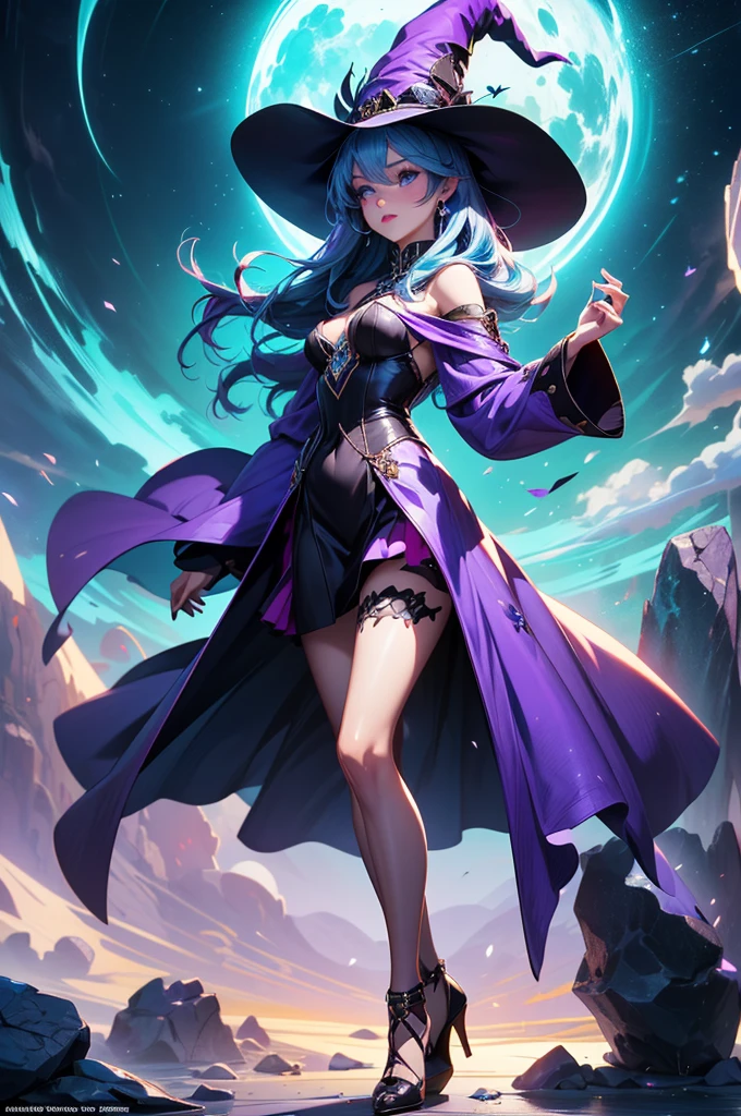 In the middle of so the storm on the stone field stand beatiful witch, she have a beautiful face with blue eyes shining purple lipstick and purple eye shadows, she have long blue hair with purple highlights, she dressed in black long coat short skirt high heels shoes and witch hat on her head , there is lighnings all around her, (ultra high quality fantasy art, anime fantasy style, masterpiece, ultra high quality character design, 8k quality anime art, realistic anime art, top quality wallpaper illustration, detailed ultra high quality accurate face, high quality design and accurate physic)