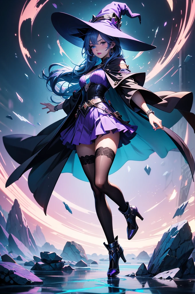 In the middle of so the storm on the stone field stand beatiful witch, she have a beautiful face with blue eyes shining purple lipstick and purple eye shadows, she have long blue hair with purple highlights, she dressed in black long coat short skirt high heels shoes and witch hat on her head , there is lighnings all around her, (ultra high quality fantasy art, anime fantasy style, masterpiece, ultra high quality character design, 8k quality anime art, realistic anime art, top quality wallpaper illustration, detailed ultra high quality accurate face, high quality design and accurate physic)