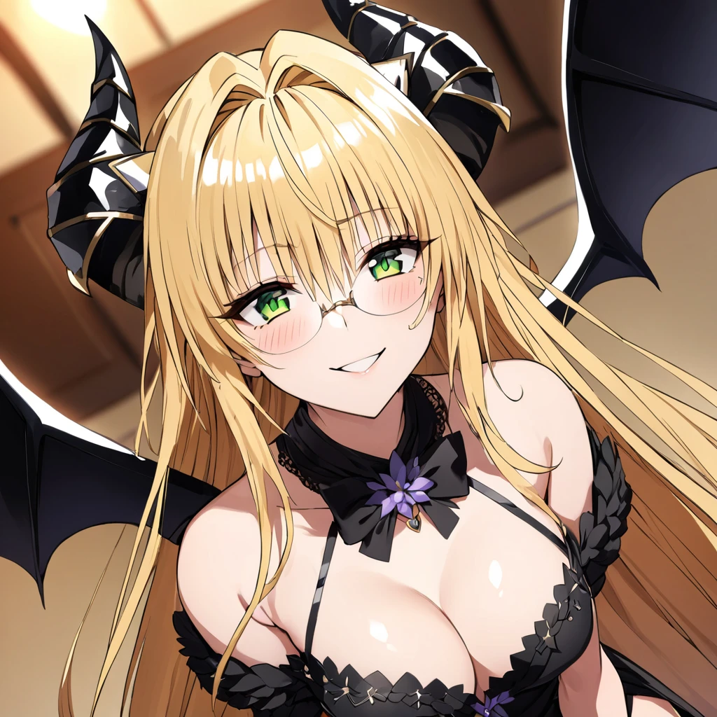 ((Highest quality)), ((masterpiece)), (detailed), (Perfect Face)、The woman is the devil queen, Devil Queen Tiare. The woman is a sexy female demon wearing a black wedding dress decorated with gold.、The woman is a female demon with magnificent devil horns, jet black devil wings and a jet black tail. She is looking at the camera with a happy expression, a demon named Tiare, with green eyes, blonde medium-long hair and the expression of a maiden in love.、The woman is Tiare