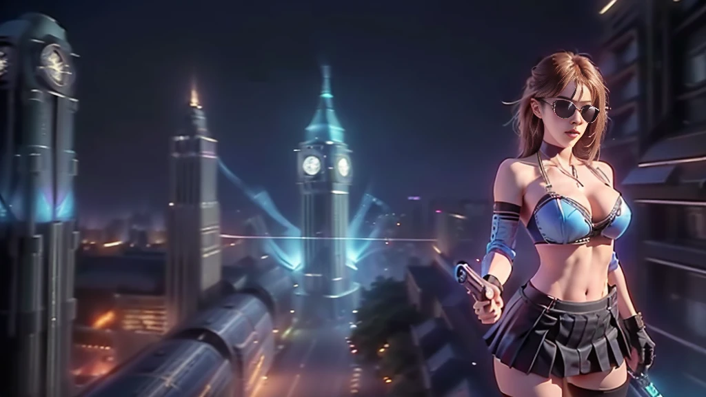 (aerial view). at night, futuristic sci-fi cyberpunk city, broad viaduct, skyscrapers at the end of the viaduct, the movie "13th Floor" style, (((((voltex-spirit-spreading giant clock tower as time machine))))), hq. Matrix style, at night, (1girl, solo), photo realistic, (large-breast:1.2 slim body, cleavage:1.3), (((tube top, extreamly short pleated (((miniskirt)))))), (((((matrix style black sunglasses))))), (((((aiming at camera with a (short:0.8 pistol)))))), (((half-body (thigh level) medium shot))), (cinematic lighting).
