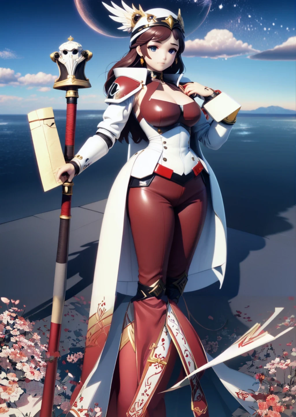anime girl in red and white outfit holding a staff magic and a book, anime goddess, best anime, Mage, stylized anime, black boots