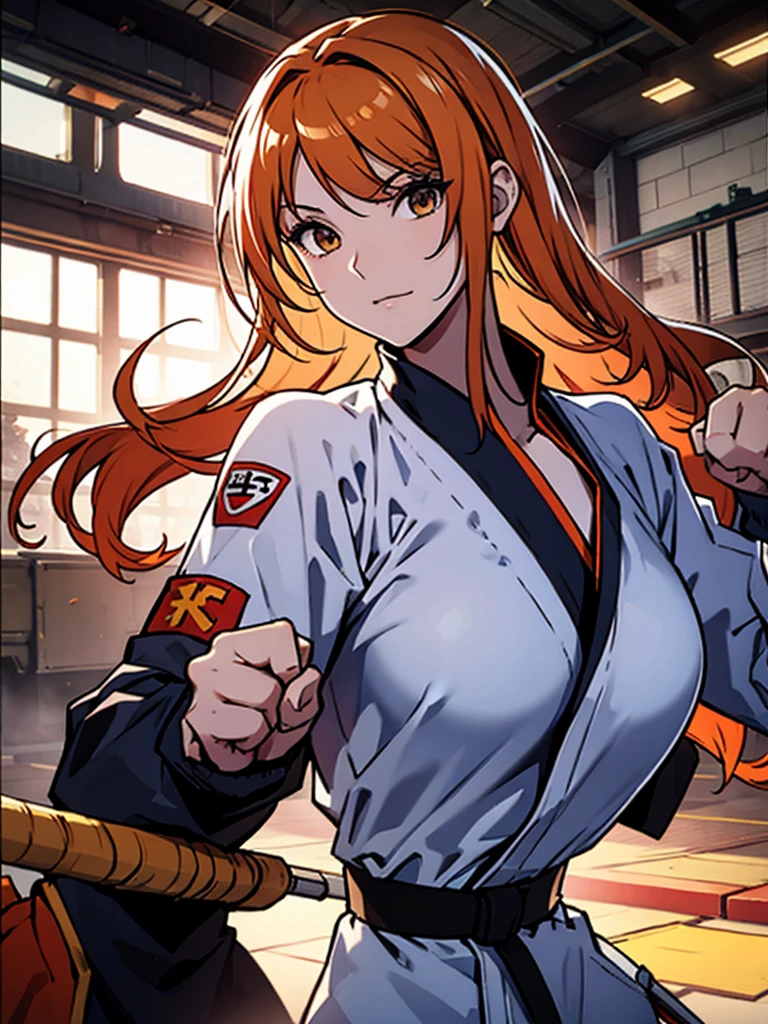 Beautiful woman, martial artist, in her 20s, slender limbs, great figure, orange hair, long hair