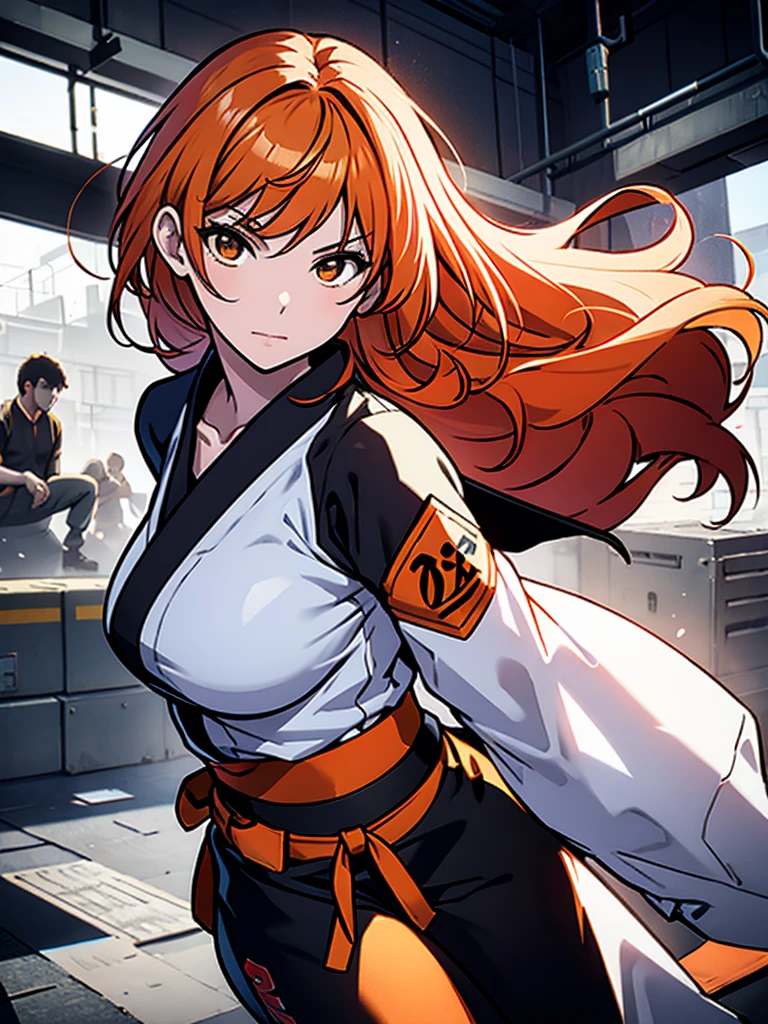 Beautiful woman, martial artist, in her 20s, slender limbs, great figure, orange hair, long hair