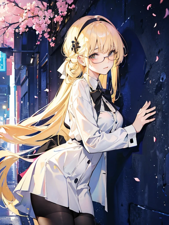 Young and beautiful Kathryn Newton, Glasses, White dress shirt, The neckline is deep, White mini dress, Black lace,Dark pantyhose, Surreal, , Model Diagram,Extra large breasts, Beautiful breasts, Big Ass, Long hair, Ponytail, Blonde hair, Long legs, 8K, futuristic city, Cherry blossoms,Sweating all over the body,Large areas of clothing are wet, sunrise, LED lighting, Anime style, (((cleveage))),((Leaning against the wall,Sideways posture))