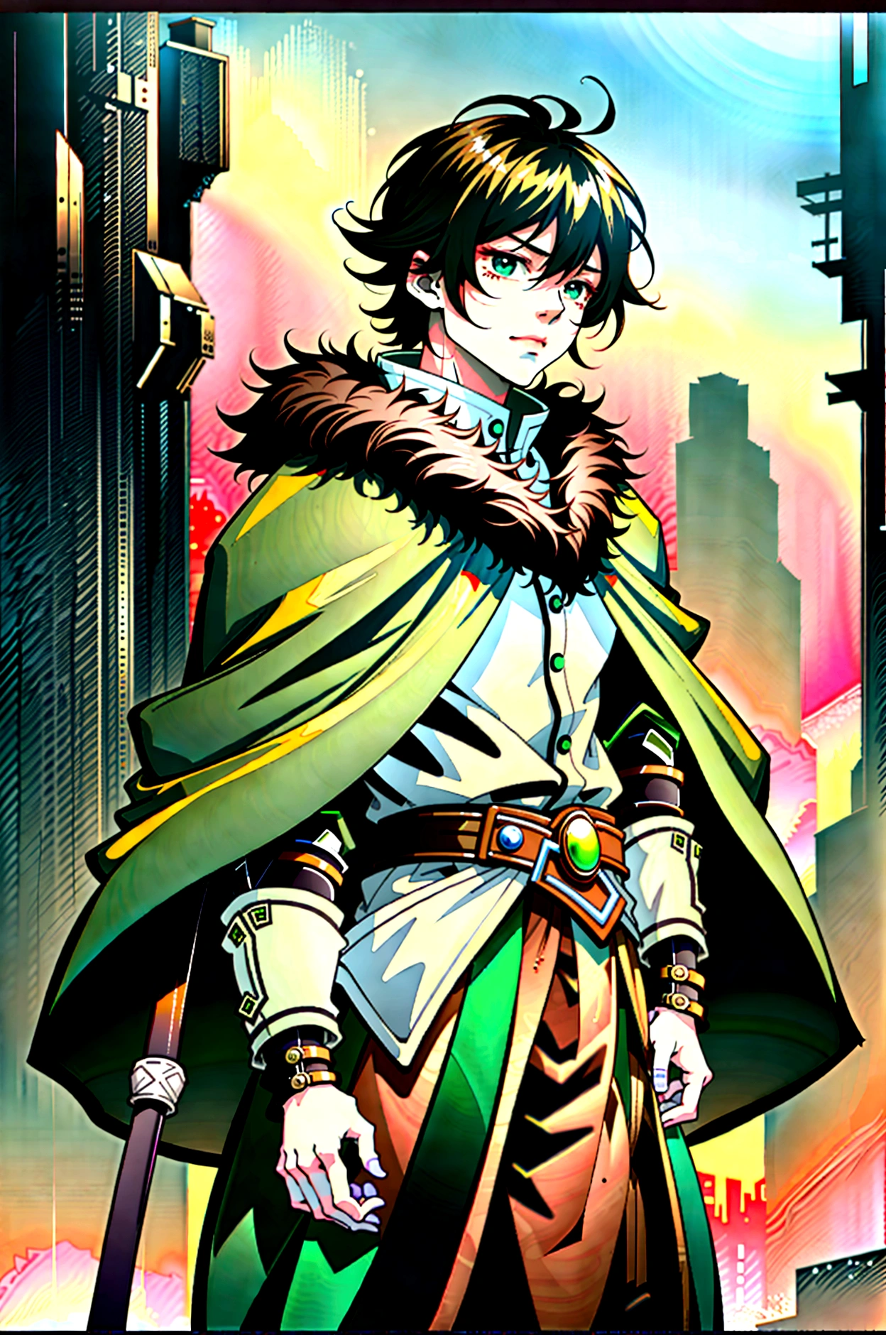yuichiro hyakuya, expressive eyes, 1 boy, black hair, green eyes, brown coat, gray armor, green shield, green cloak, dark brown gloves, town, fur trim, anime, standing, good quality, portrait, looking at viewer