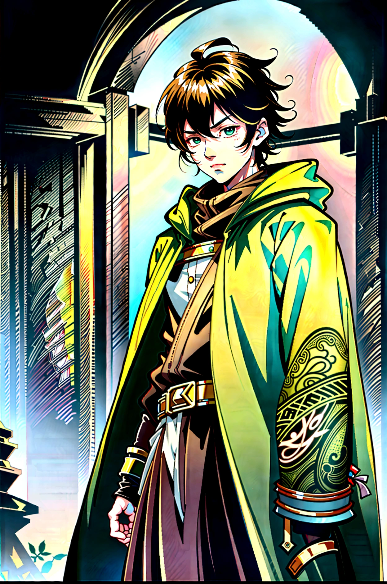 yuichiro hyakuya, expressive eyes, 1 boy, black hair, green eyes, brown coat, gray armor, green shield, green cloak, dark brown gloves, town, fur trim, anime, standing, good quality, portrait, looking at viewer