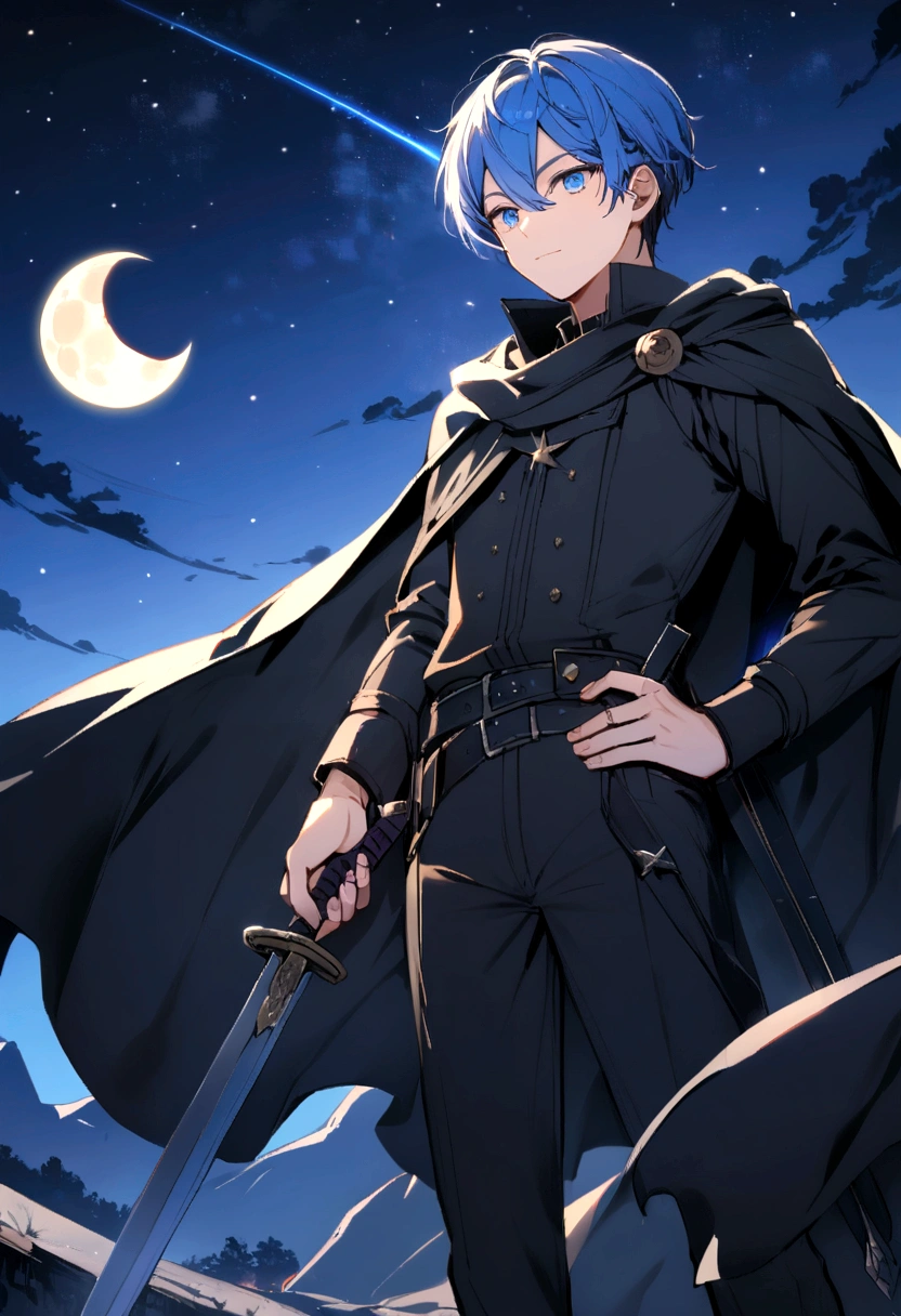 boy,sword,Black clothes,Blue Hair,Blue eyes,Black Cape,moon,shooting star,