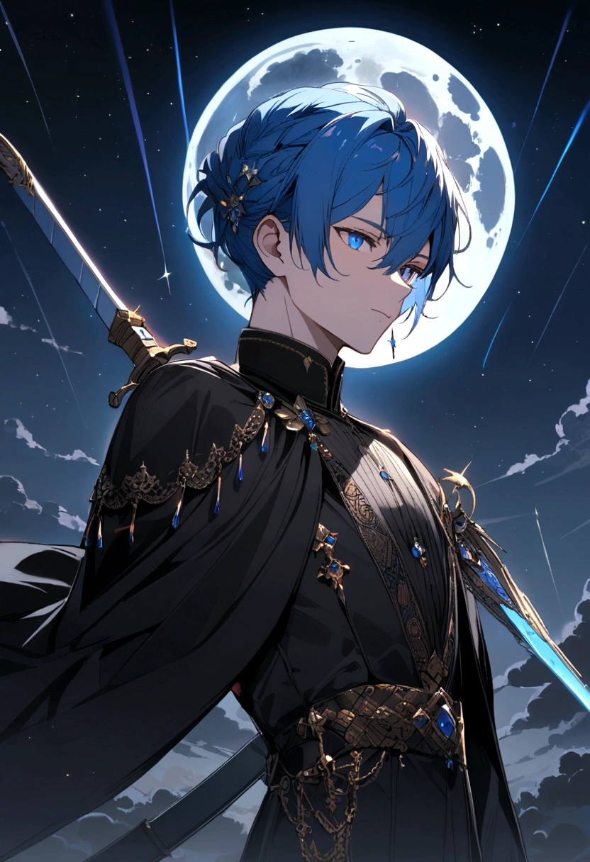 boy,sword,Black clothes,Blue Hair,Blue eyes,Black Cape,moon,shooting star,