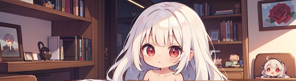 ((((1girl:1.5)))), white hair, red eyes, long hair, (collarbone:1.4), (2d, chibi, cute, cute, small , big eyes), ((((rose)))), skin color white, think about something, background/(in the room ,modern girl&#39;s room, bed, Soft mood lighting)