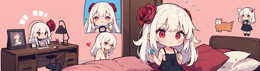 ((((1girl:1.5)))), white hair, red eyes, long hair, (collarbone:1.4), (2d, chibi, cute, cute, small , big eyes), ((((rose)))), skin color white, think about something, background/(in the room ,modern girl&#39;s room, bed, Soft mood lighting)