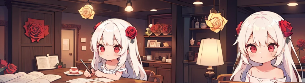 ((((1girl:1.5)))), white hair, red eyes, long hair, (collarbone:1.4), (2d, chibi, cute, cute, small , big eyes), ((((rose)))), skin color white, think about something, background/(in the room ,modern girl's room, bed, Soft mood lighting)