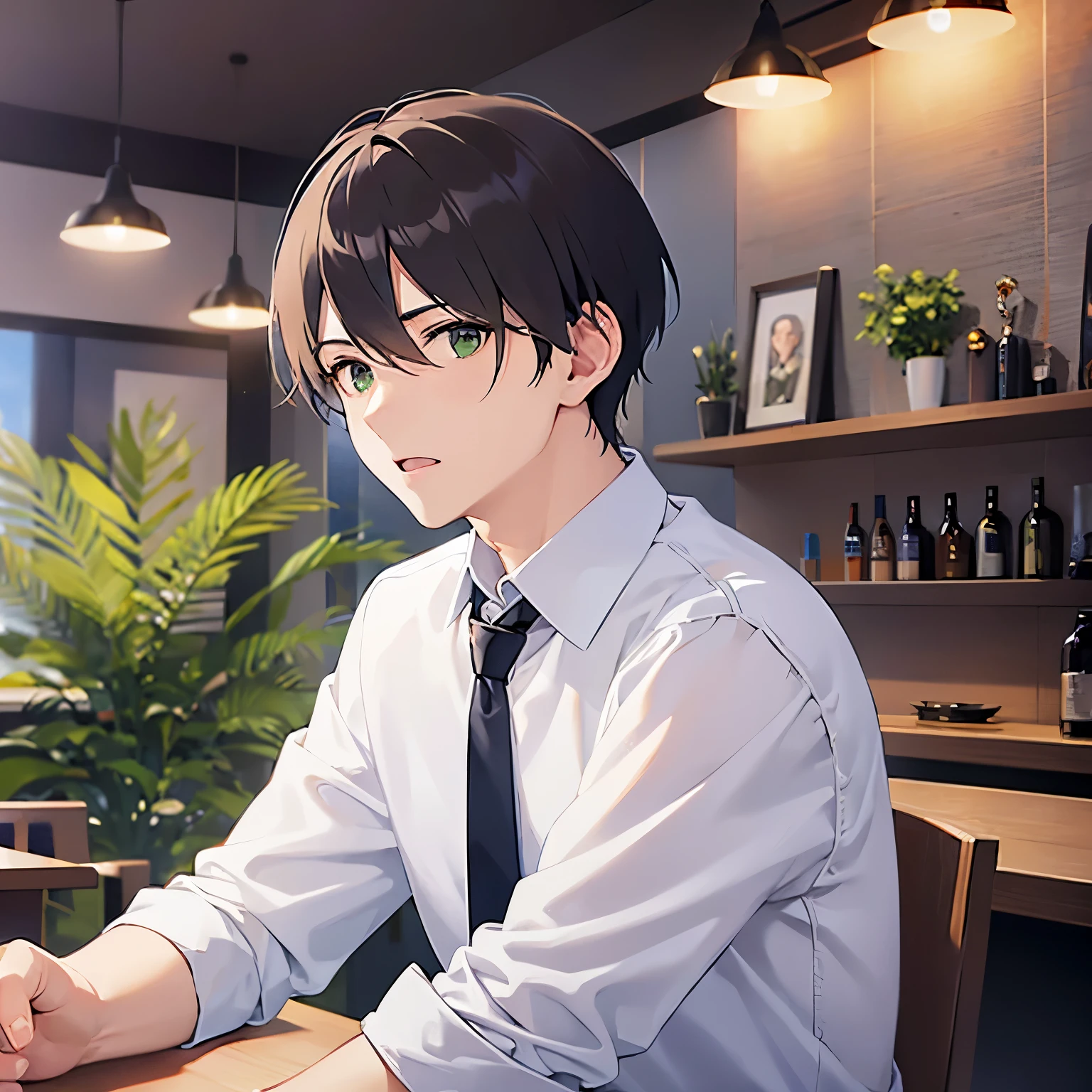 upper body、shiny skin、masterpiece、Highest quality、(25-year-old male:1.5) and (Brown short hair) and (Green Eyes), (white collared shirt) and (Green tie)、Sitting、(surprised:1.5)、The background is the interior of a restaurant at night.、(Alone:1.5)