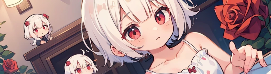 ((((1girl:1.5)))), white hair, red eyes, long hair, (collarbone:1.4), (2d, chibi, cute, cute, small , big eyes), ((((rose)))), skin color white, think about something, background/(in the room ,modern girl&#39;s room, bed, Soft mood lighting)
