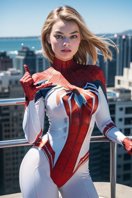 Margot Robbie (masterpiece, 4K resolution, Ultra-realistic, Very detailed), (White Superhero Theme, Charismatic, There is a girl at the top of town, wearing spiderman costume, She&#39;s a superhero), [ (25 years), (Long white hair:1.2), whole body, (blue eyes:1.2), ((Spider-Man pose),A show of force, Jump from building to building), ((Sandy urban environment):0.8)| (Cityscape, At night, Dynamic Light), (full moon))] # explanation: プロンプトは主に超高精細の4K絵画についてexplanationしています, Very realistic, Very detailed. A story about a superheroine who stands at the top of her town., wearing spiderman costume. The theme of the painting is white superheroes., the female protagonist has long brown hair, is 25 years old and her entire body is shown in the painting. In terms of depicting the actions of superheroines, Spiders are employed