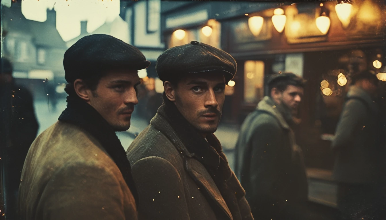 35mm vintage street photo of a handsome men talking to viewer, with beer in hand, a beautiful lady holding a knife up behind the  pub, bokeh, professional