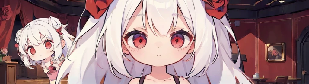 ((((1girl:1.5)))), white hair, red eyes, long hair, (collarbone:1.4), (2d, chibi, cute, cute, small , big eyes), ((((rose)))), skin color white, think about something, background/(in the room ,modern girl's room, bed, Soft mood lighting)