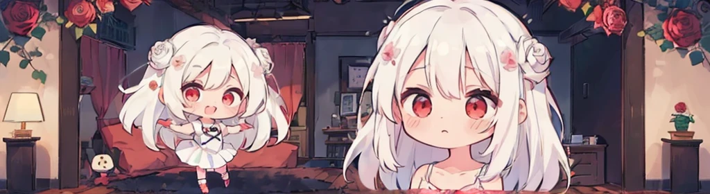 ((((1girl:1.5)))), white hair, red eyes, long hair, (collarbone:1.4), (2d, chibi, cute, cute, small , big eyes), ((((rose)))), skin color white, think about something, background/(in the room ,modern girl's room, bed, Soft mood lighting)