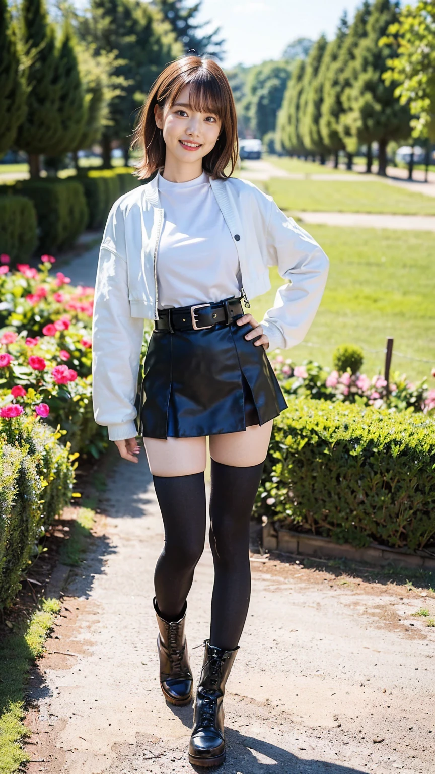(8K、RAW Photos、Highest quality、masterpiece:1.2)、(Realistic、Realistic)、1 Girl、((Check mini skirt、Jacket、smile、black、Thin legs、whole body、boots、one piece、tights、garden、View from the front、Looking into the camera、belt、Stand with hands on hips))、cute