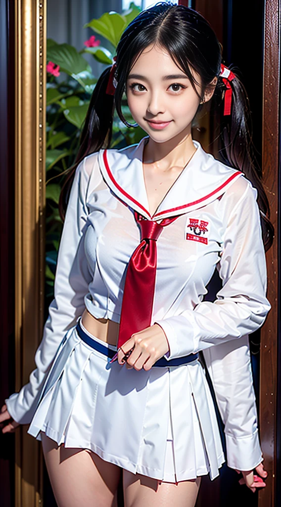 (8K、RAW Photos、top-quality、​masterpiece:1.2)、(realisitic、Photorealsitic:1.2)、1人、((White shirt with long sleeves、a sailor suit、red necktie、Navy blue pleated skirt))、（High School Girl）、28 year old、Skirt Rolling Up、gals、Lots of lashes、Lame on the eyelids、Dark Red Knee-High Socks、skeletally correct、crotch open、wavy twintails、Cute smile、Sweaty body、attractive body beautiful perfect body、V-line emphasis、Hands behind the head、、