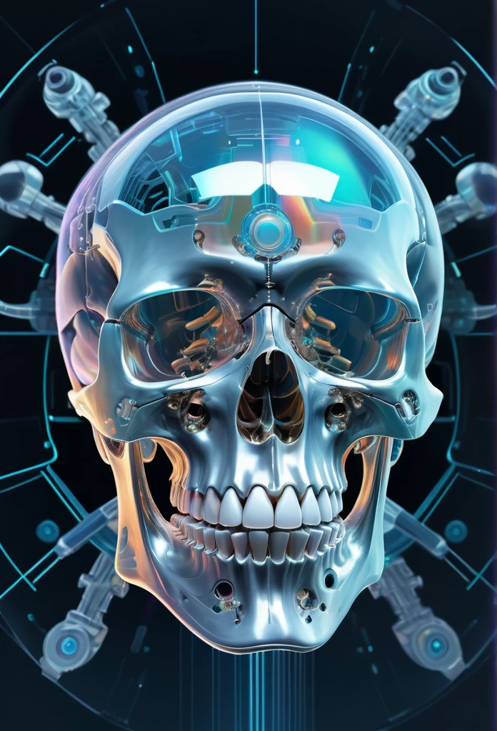 Translucent ethereal mechanical skull，Futuristic virtual holographic digital image background，（Doubleexposure：1.8），Complex illustrations in surrealist art style，Surreal dreams，Incognito as a virtual hologram skull，Transparent skull，Virtual holographic digital image