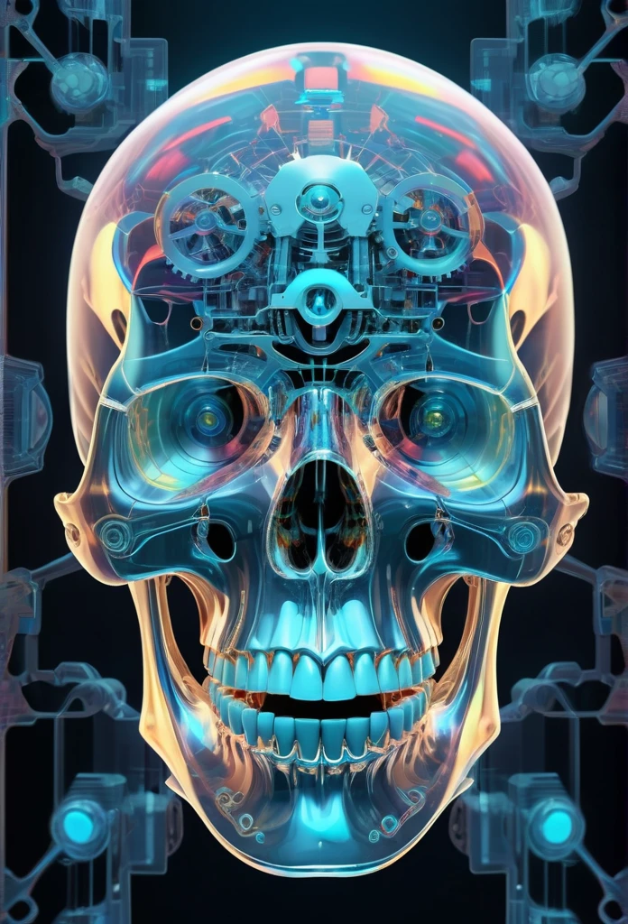 Translucent ethereal mechanical skull，Futuristic virtual holographic digital image background，（Doubleexposure：1.8），Complex illustrations in surrealist art style，Surreal dreams，Incognito as a virtual hologram skull，Transparent skull，Virtual holographic digital image