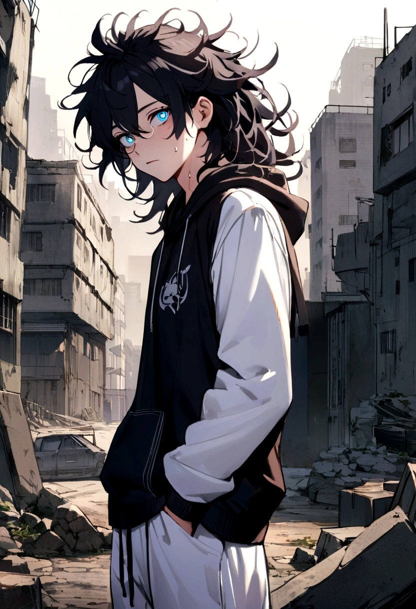 ((Highest quality, masterpiece, 4K, In detail, Fine grain, Detailed face, Gelbourg, Pixiv)), Cold lighting, ((alone)), 1 male, Boy with glasses, good looking, Masculine, Adult male, Broad shoulders, Face close-up, Portraiture,View your viewers, ((amblyopia, Half-lidded, Dark circles under the eyes, White eyes with blue pupils)), Wear modern clothes, Black hoodie with logo, Sweat pants, Are standing, Put your hands in your pockets, ((Black Hair, Medium length hair, messy hairstyle, Messy Hair)), Abandoned city background