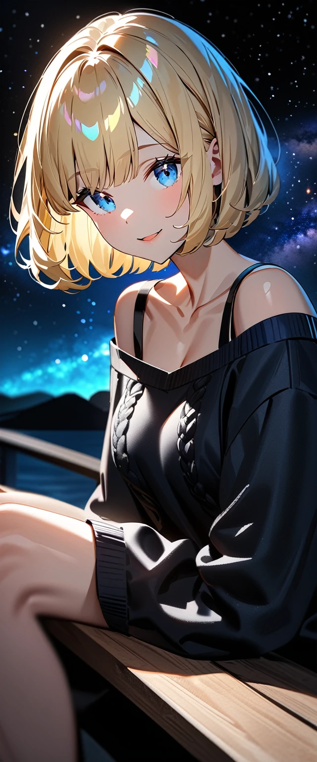 ((leaning forward)), ((closeup shot)), (((a beautiful starry sky, the Milky Way shining beautifully in the night))), ((Aran sweater)), ((((from side)))), (((focus on face))), ((sitting on the very high cliff)), wavy hair, inward curled hair, sea, ((blond hair, bob cut:1.3)), breasts, teenager, (looking at viewer), oversized clothes, puffy long sleeves, ((off-shoulder sweater:1.3, Quite thick shoulder straps)), ((black sweater)), collarbone, head tilt:1.3, (((blue eyes))), happy smile, (((anime style))), (best quality, 4K, 8K, highres, masterpiece:1.2, ultra-detailed, ultra-detailed eyes, HDR, uhd, studio lighting, ultra-fine painting, sharp focus, physically-based rendering, extreme detail description, professional, vivid colors, bokeh)