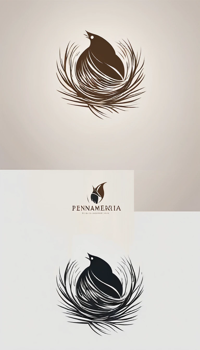 A minimal, modern, simple, cinematic logo design for the brand “Penamemoria". Create a modern, minimalistic, high-quality, logo of a boy inside a nest made of feathers. The logo must be a symbol for dreams, stories, memories, music and imagination.