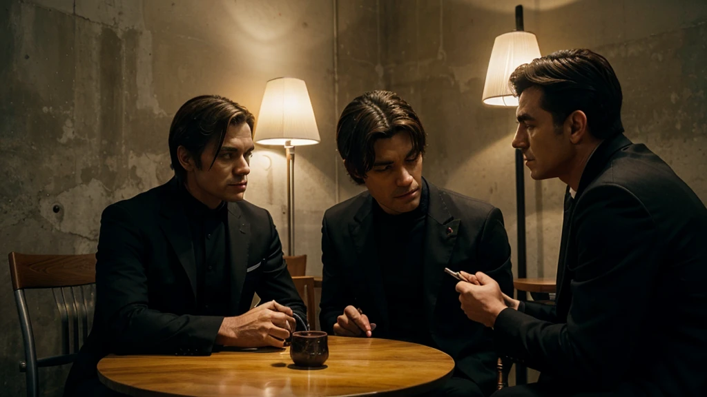 A secret men is sitting with chair and table to tell stories