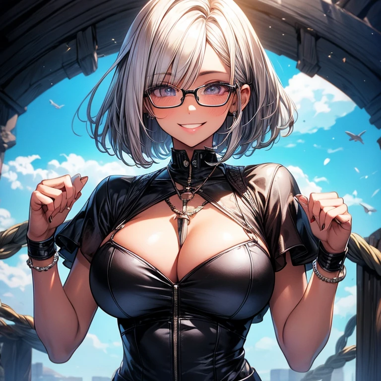 Highest quality,Highest Resolution,sexy,Short Bob,Very beautiful eyes,smile,Big Breasts,whole body,Glasses,Silver Hair,Brown Skin