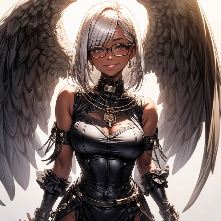 Highest quality,Highest Resolution,sexy,Short Bob,Very beautiful eyes,smile,Big Breasts,whole body,Glasses,Silver Hair,Brown Skin
