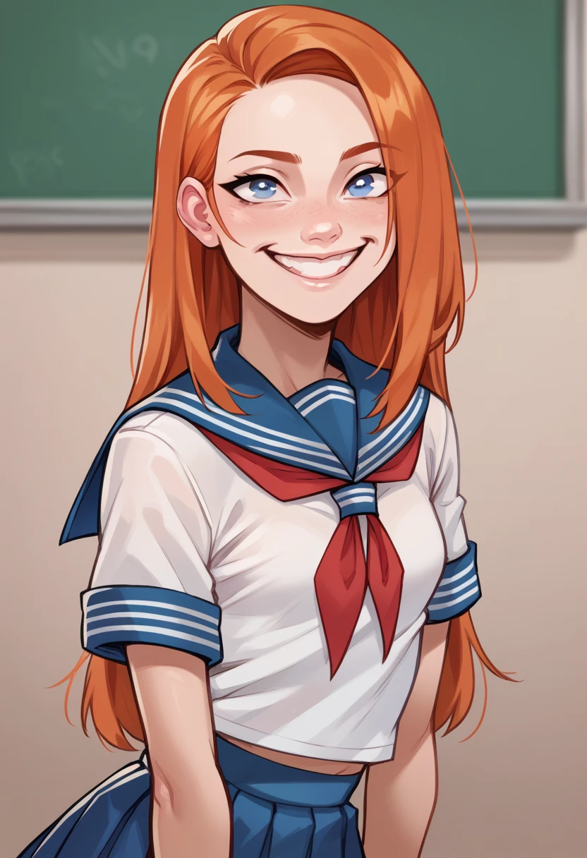 happy girl ((SMILE)) ((blue eyes)) ((ginger hair)) (( school uniform)) ((the plan)) (((small breasts)) ((slim)) ((short))