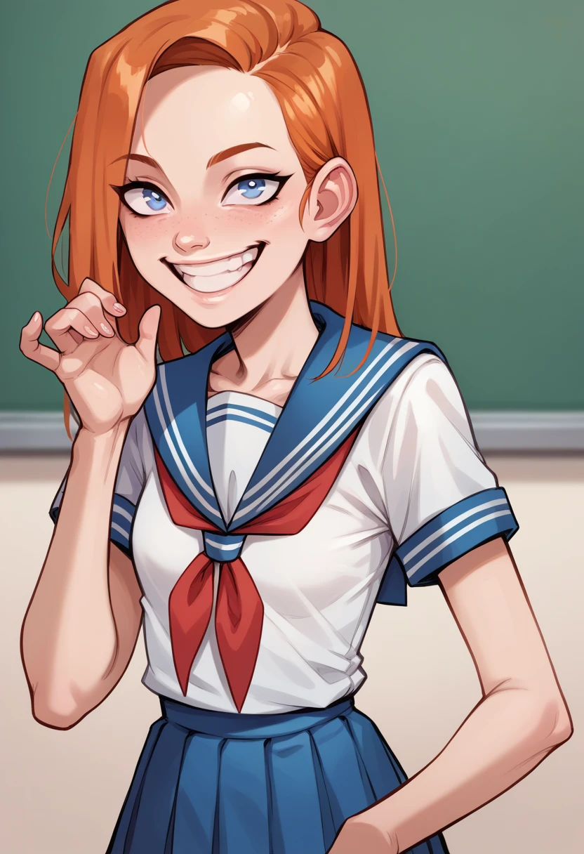 happy girl ((SMILE)) ((blue eyes)) ((ginger hair)) (( school uniform)) ((the plan)) (((small breasts)) ((slim)) ((short))