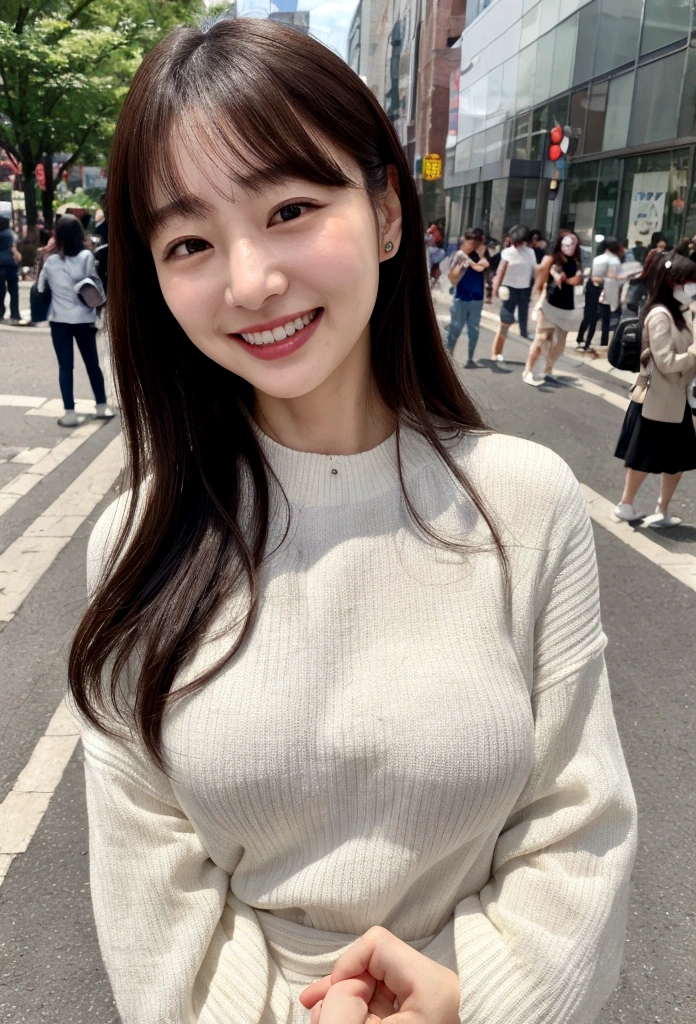 1people、Delicate skin quality、日本people、((Highest quality, 4K, Masterpiece: 1.3)), Beautiful style: 1.4, Long hair, White knit, Large Breasts, Big Breasts, Sweaty, Place your arms on your hips, smile, Highly detailed face and skin texture, Bangs, double eyelid、The whole body is visible、White teeth、bustling street